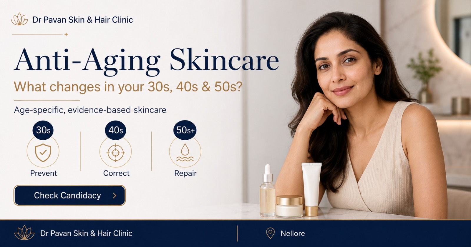 Dr Pavan Skin & Hair Clinic in Nellore promotes wrinkle care with evidence-based skincare featuring retinol, vitamin C, and collagen, alongside a woman and skincare products.