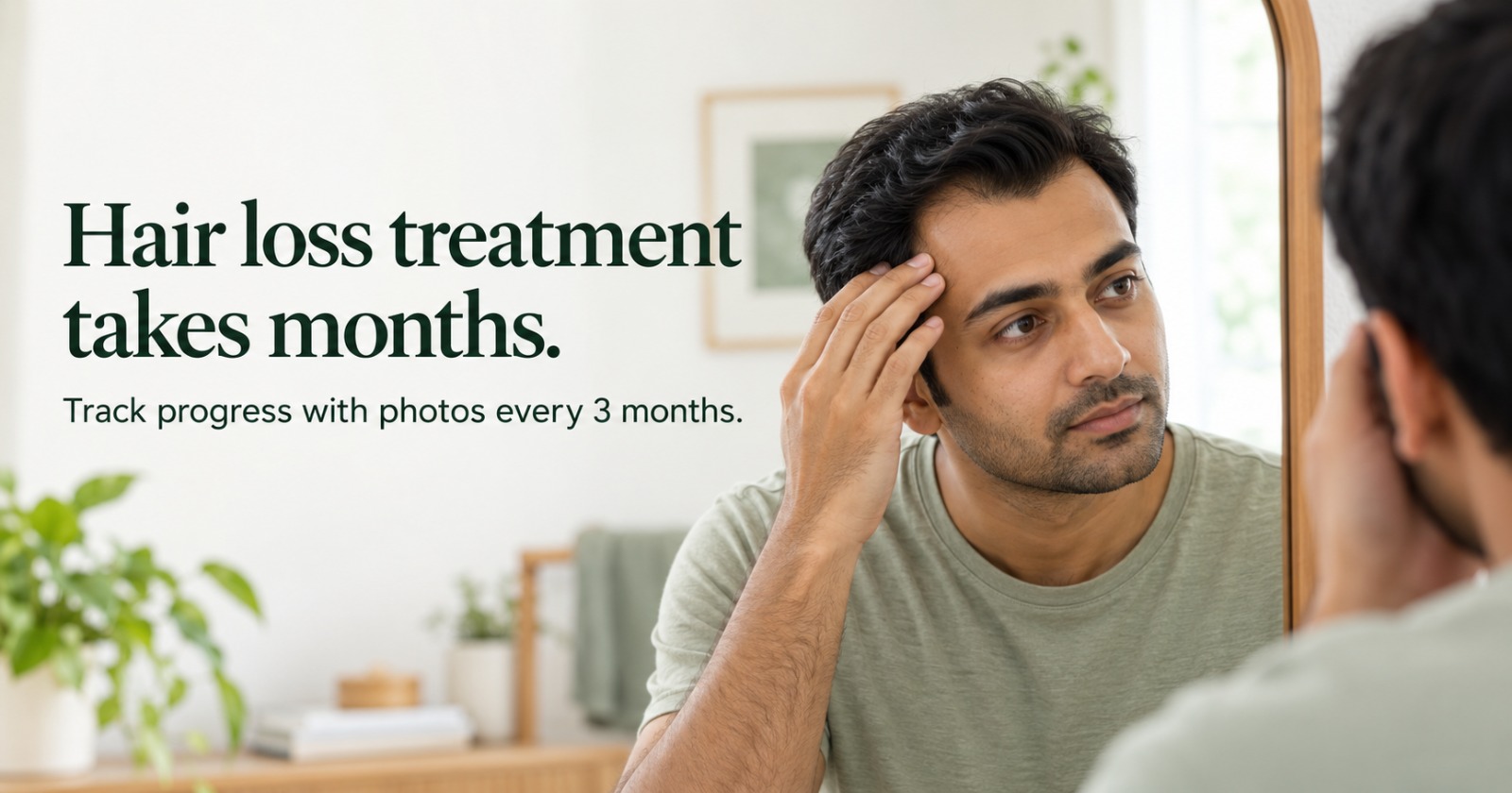 Man checking his hairline in a mirror while on hair loss treatment for men, Pavan Skin and Hair Clinic, Nellore