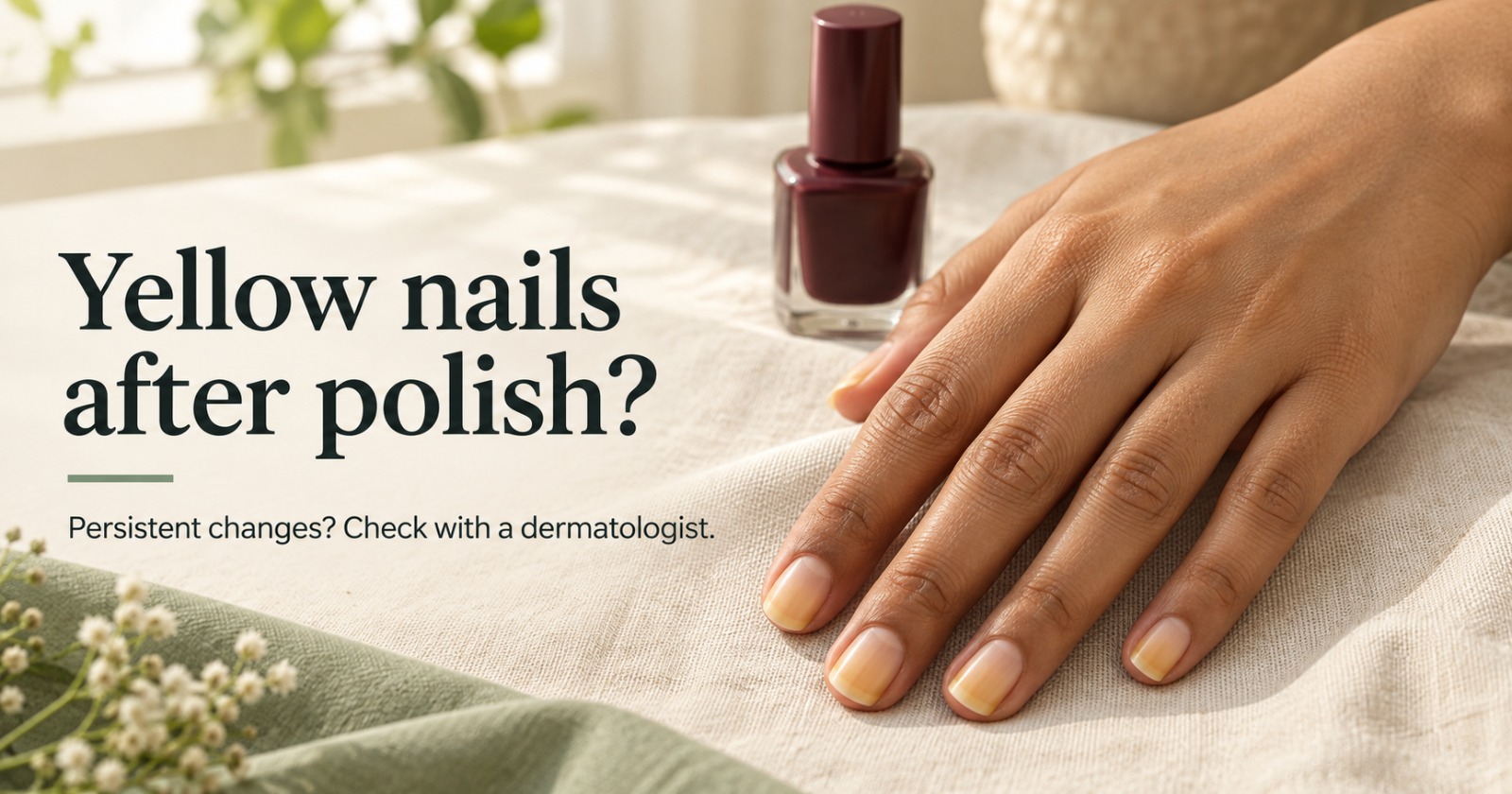 A hand with yellow-discolored fingernails resting on a light fabric beside a bottle of dark nail polish, illustrating yellow nails after nail polish.