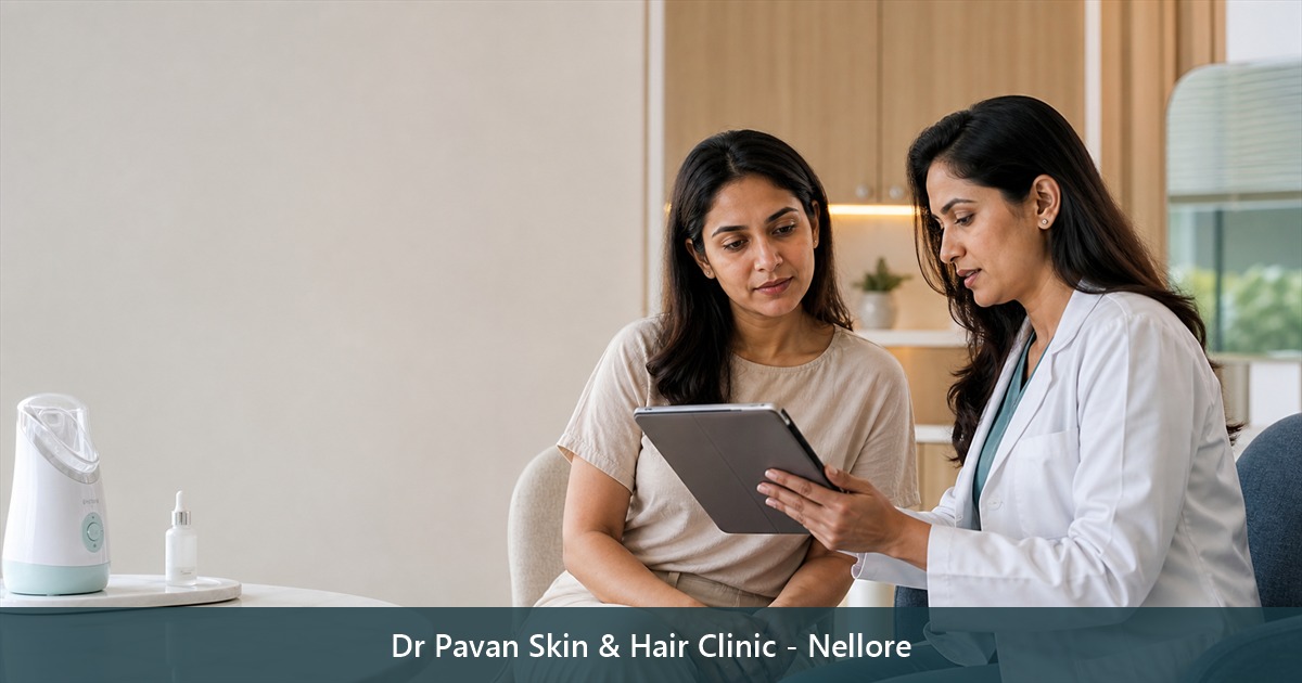 Dermatologist explaining skin rejuvenation treatments, including HydraFacial and growth factor serum therapy